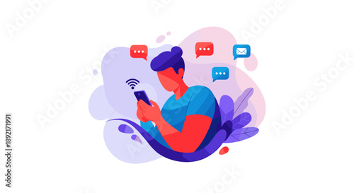 Modern illustration of a person focused on their smartphone surrounded by floating chat bubbles and digital communication icons.