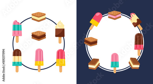 Large collection of various ice cream bars, popsicles, and sandwiches arranged in circular frames on white and dark backgrounds.