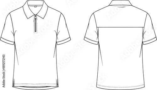 Technical fashion flat sketch of zip polo shirt, front and back view, short sleeve collared tee with zipper placket, clean apparel vector illustration