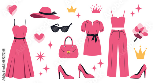 Set of pink fashion accessories including a long dress, wide brim hat, sunglasses, handbag, heels, and trousers with crowns.