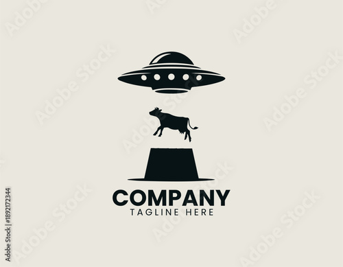 Stylized unidentified flying object abducting cow is isolated on plain background professional