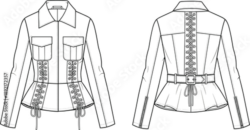Women corset jacket technical fashion illustration, front and back views, lace up waist belted fitted jacket flat sketch, apparel design template isolated