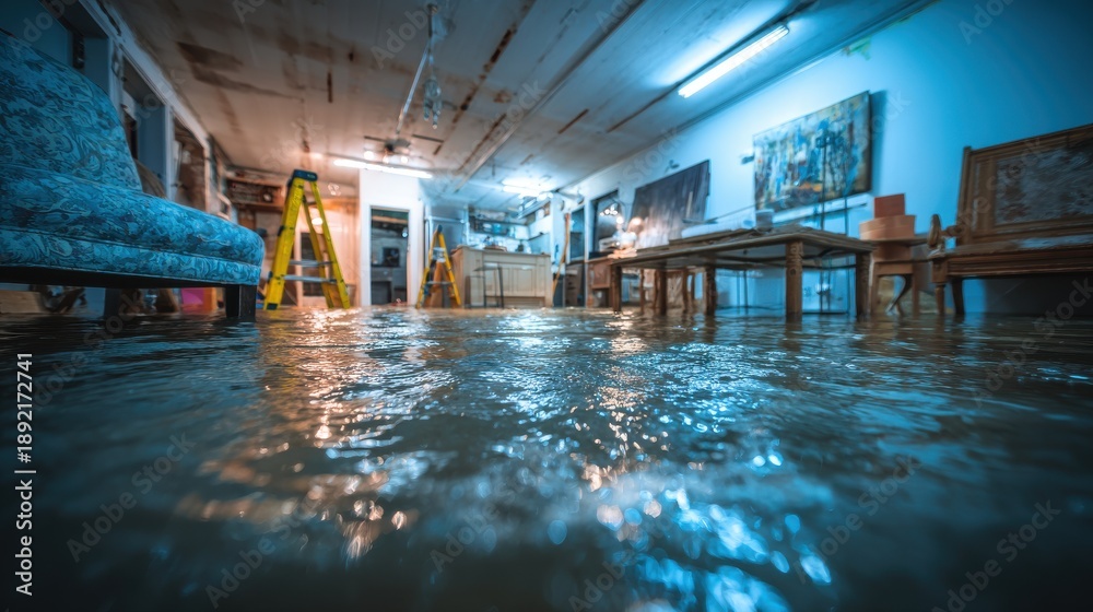 Obraz premium A flooded room with water covering the floor, submerging furniture and ladders, illuminated by artificial lights.