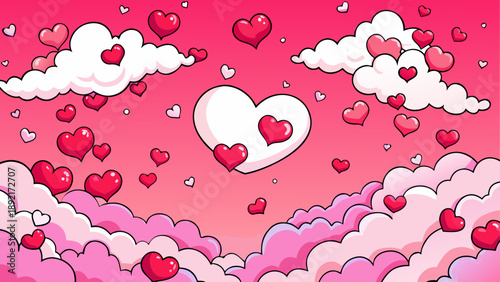 Whimsical heart-shaped clouds in pink sky