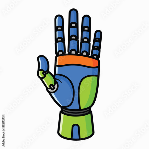 A cartoon robotic hand with blue, green, and orange segments