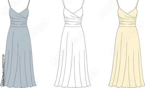 Women sleeveless maxi dress technical illustration with wrap bodice and flowing skirt, front view fashion flat sketch in multiple color variations