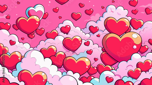 Floating hearts in cloudy pink sky