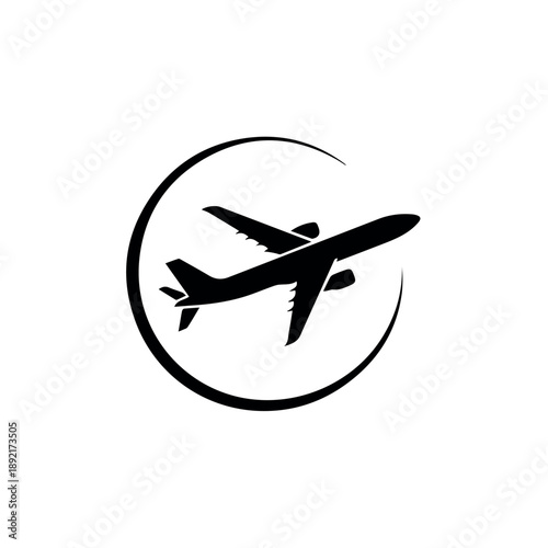 Vector A dynamic black silhouette icon showing an airplane taking off or in flight, encircled by a curved line, representing travel or aviation.
