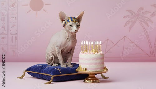 sphynx egypt cat birthday concept cute celebration pet party with cake balloons festive mood adorable feline moment