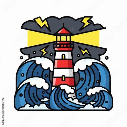 A cartoon lighthouse standing amidst turbulent waves under a stormy sky