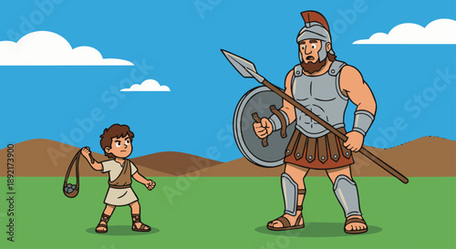 David and Goliath
Cartoon style flat vector illustration of David and Goliath, showing young David holding a sling facing the tall giant Goliath in armor, clear size contrast between the two figures, 
