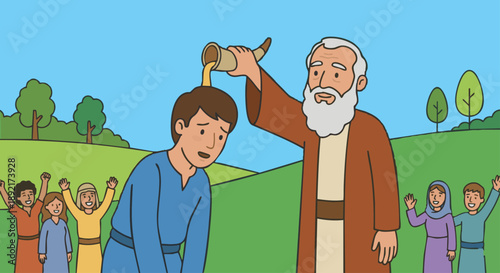 Saul Becomes King
Cartoon style flat vector illustration of Saul becoming king, showing Samuel pouring oil over Saul’s head as a sign of anointing, Saul standing humbly, simple crowd in the background