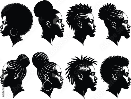 Afrocentric hairstyle, Black hair art, cultural profile, braided bun, dreadlock design, cornrow pattern, fade cut, hair diversity, ethnic style, textured silhouette