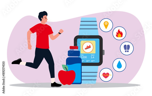 running man woman smartwatch young active lifestyle modern gadget device illustration