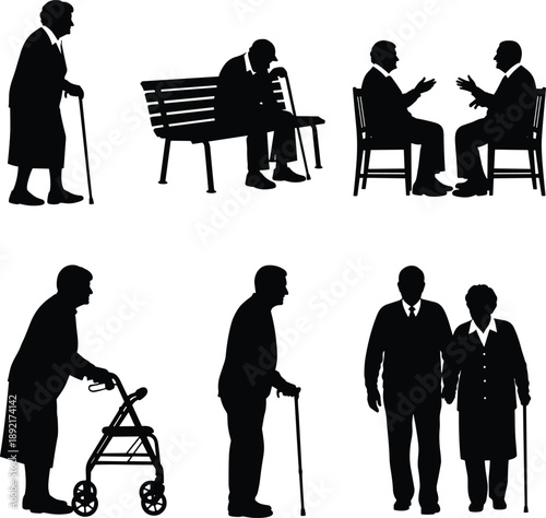 Elderly silhouette, senior activity, walking cane, seated figure, mobility aid, aging icon, companionship moment, support gesture, life stage, social interaction