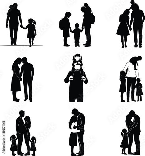 Family silhouette, parent child bond, emotional connection, caring gesture, family unity, love moment, group hug, walking together, parenting icon, family interaction