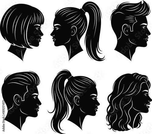 Hairstyle silhouette, female profile, hair icon, fashion design, beauty concept, hair reference, trendy cut, elegant style, black outline, hairstyle variety