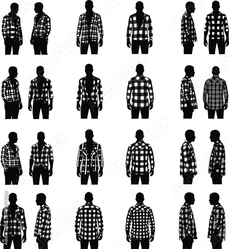 Plaid shirt silhouette, fashion pattern, textile design, clothing grid, shirt variety, style comparison, apparel icon, fabric texture, casual wear, pattern showcase
