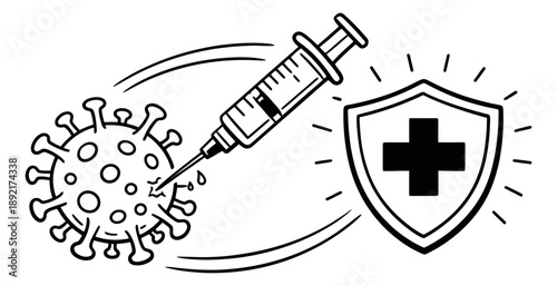 Hand drawn line art illustration of a vaccine syringe and a medical shield depicting protection against a virus for health and immunity