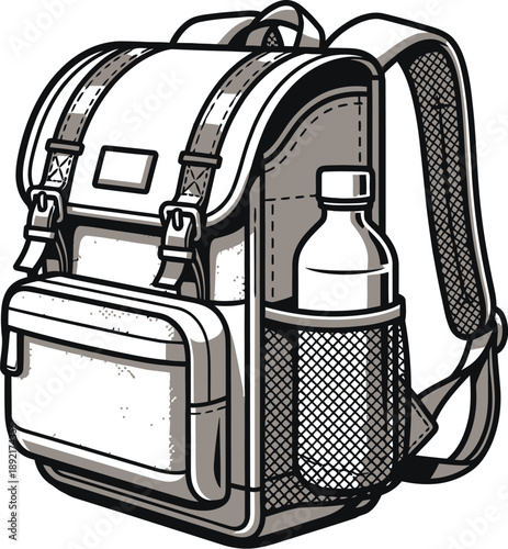 Beige rucksack with water bottle in the side pocket on white background