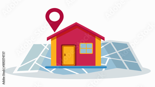 Multicolored house with simple design and location pin on map background with vector and icon and graphic and colorful and building and navigation