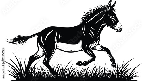 Running donkey illustration with blue accents, black and white farm animal artwork, energetic rural landscape scene, vintage livestock engraving style, decorative vector design
