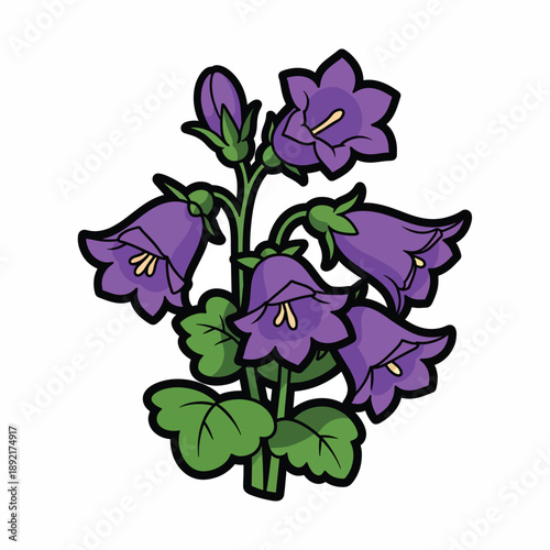 A cartoon drawing of purple flowers with green leaves