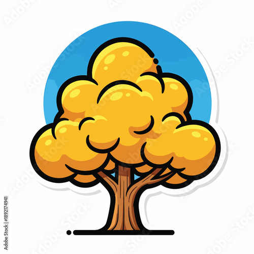 A cartoonish tree with yellow leaves against a blue circle