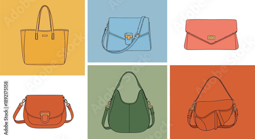Colorful collection of stylish women's bags on pastel backgrounds, fashion