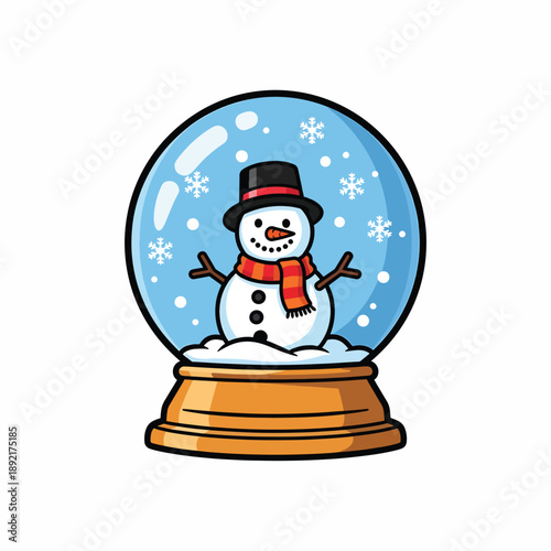 A cartoon snowman in a snow globe