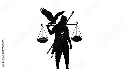 Mysterious figure carries scales of justice with eagle overhead, symbolizing balance and power.