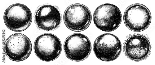 Hand drawn shaded spheres and bubbles are shown