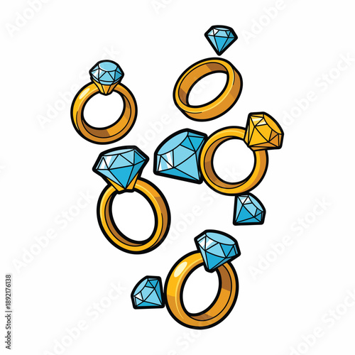 A colorful illustration of several gold rings with blue and yellow gems