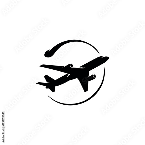 Vector A black silhouette icon features a passenger airplane gracefully flying within a circular arrow, symbolizing travel, flights, rotation, or continuous journeys.