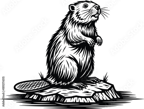 Standing beaver illustration in black and white, detailed wildlife vector artwork on rock, iconic rodent nature design for logos, posters, prints, branding