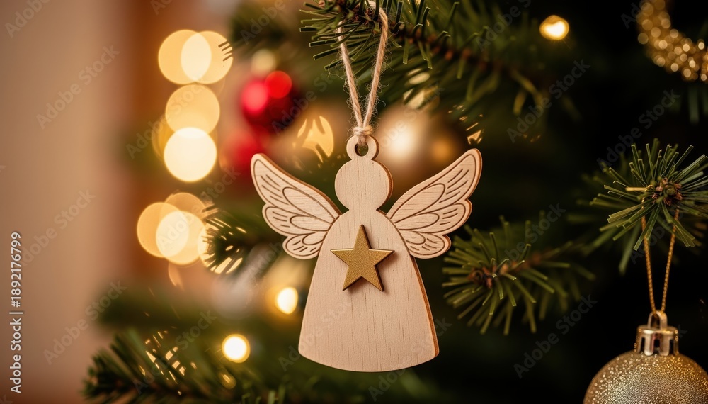 Naklejka premium A Christmas Angel in Festive Decor: A handcrafted wooden angel ornament, its star aglow, hangs amidst the twinkling lights and baubles of a decorated Christmas tree, evoking the holiday spirit.