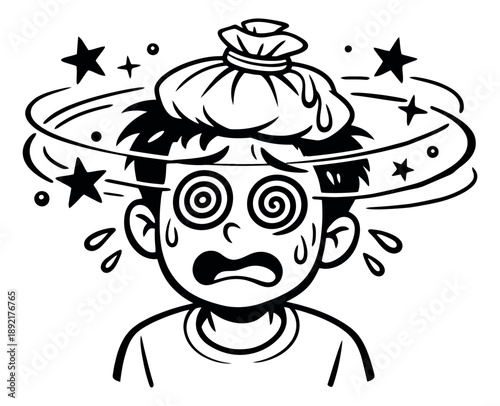 Hand drawn line art cartoon illustration of a boy depicting a headache and dizziness for health and medical concepts