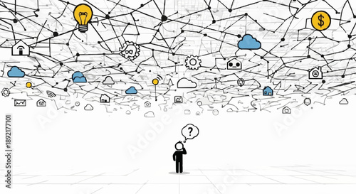 Man contemplating complex network of ideas and technology icons.