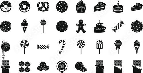 Sweet dessert icon set, candy, chocolate, cake, donut, cupcake, lollipop, gingerbread, cookie, vector silhouettes for bakery, confectionery, menu, branding, packaging design