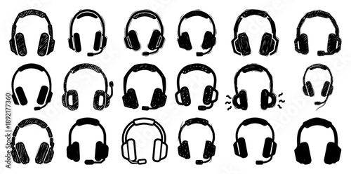 Hand drawn headset and headphones icon set