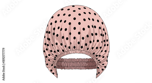 Stylish pink shower cap featuring black polka dots designed for hair protection during bathing or spa treatments.