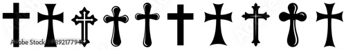 Collection of diverse Christian cross icons and religious symbols in minimalist black silhouette style
