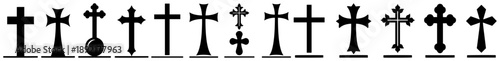 Set of cemetery cross icons and tombstone gravestone markers for memorial or funeral graphics