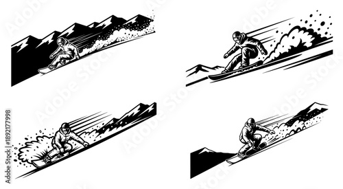 Snowboarder riding down mountain slope set. Black and white vector illustration of winter sport action.