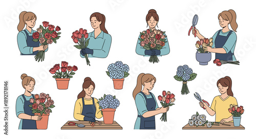 Set of female florists working with different types of colorful flowers to create beautiful bouquets and arrangements.