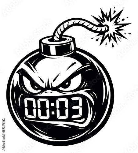 Black and white line art illustration of an angry time bomb depicting a countdown for urgency