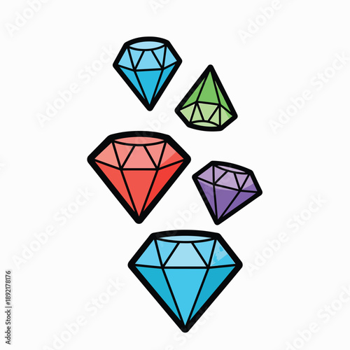 Colorful cartoon-style illustration of five gems