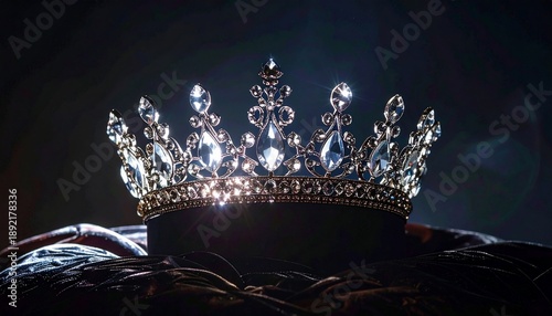 A glittering tiara sits atop a velvet surface, illuminated by a spotlight against a dark backdrop