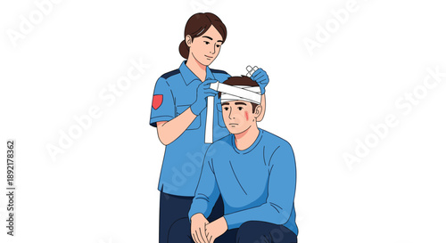 Medical professional carefully applying a white bandage to the head of a man who has sustained a facial injury.