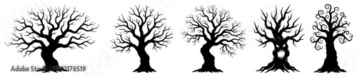 Collection of spooky dead tree silhouettes and eerie monsters for Halloween themed designs